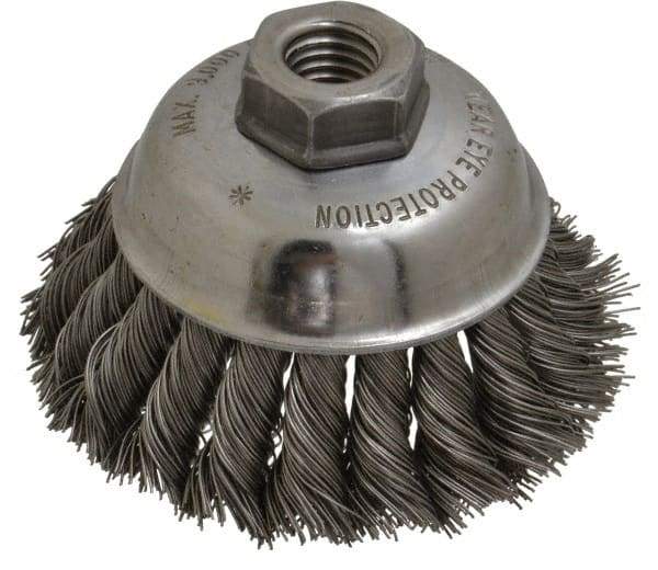 Anderson - 3-1/2" Diam, 5/8-11 Threaded Arbor, Steel Fill Cup Brush - 0.02 Wire Diam, 1-1/4" Trim Length, 9,000 Max RPM - Caliber Tooling