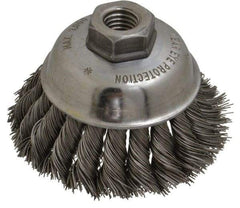 Anderson - 3-1/2" Diam, 5/8-11 Threaded Arbor, Steel Fill Cup Brush - 0.02 Wire Diam, 1-1/4" Trim Length, 9,000 Max RPM - Caliber Tooling