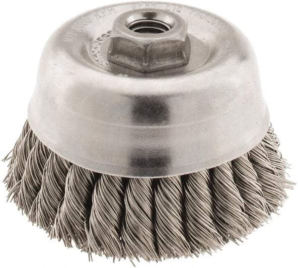 Anderson - 4" Diam, 5/8-11 Threaded Arbor, Stainless Steel Fill Cup Brush - 0.02 Wire Diam, 1-1/4" Trim Length, 9,000 Max RPM - Caliber Tooling