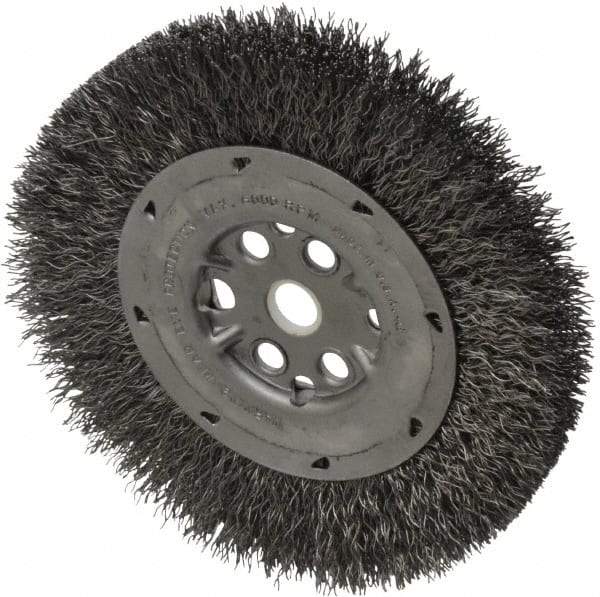 Anderson - 6" OD, 5/8" Arbor Hole, Crimped Steel Wheel Brush - 3/4" Face Width, 1-1/8" Trim Length, 0.014" Filament Diam, 6,000 RPM - Caliber Tooling