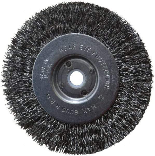 Anderson - 4" OD, 1/2" Arbor Hole, Crimped Steel Wheel Brush - 11/32" Face Width, 13/16" Trim Length, 0.014" Filament Diam, 6,000 RPM - Caliber Tooling