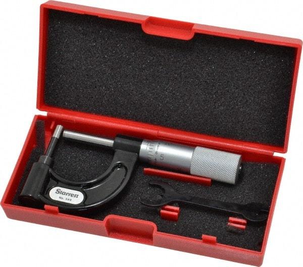 Starrett - 1 Inch Measurement Range, 0.001 Inch Graduation, Post Anvil, Plain Thimble, Mechanical Anvil, Tube Micrometer - 39/64 Inch Head Diameter, Satin Chrome Finish, Carbide, Includes Case - Caliber Tooling