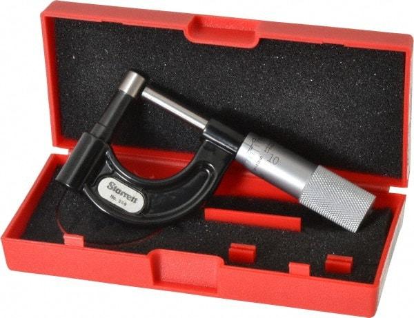 Starrett - 1 Inch Measurement Range, 0.001 Inch Graduation, Post Anvil, Plain Thimble, Mechanical Anvil, Tube Micrometer - 39/64 Inch Head Diameter, Satin Chrome Finish, Carbide, Includes Case - Caliber Tooling