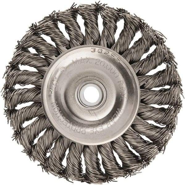 Anderson - 4" OD, 1/2" Arbor Hole, Knotted Stainless Steel Wheel Brush - 1/2" Face Width, 1" Trim Length, 0.02" Filament Diam, 20,000 RPM - Caliber Tooling