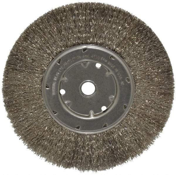 Anderson - 8" OD, 5/8" Arbor Hole, Crimped Stainless Steel Wheel Brush - 1/2" Face Width, 1-13/16" Trim Length, 0.0104" Filament Diam, 4,500 RPM - Caliber Tooling