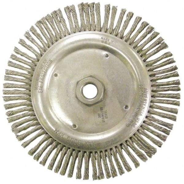 Anderson - 6-7/8" OD, 5/8-11 Arbor Hole, Knotted Stainless Steel Wheel Brush - 1/8" Face Width, 1-1/8" Trim Length, 0.02" Filament Diam, 9,000 RPM - Caliber Tooling