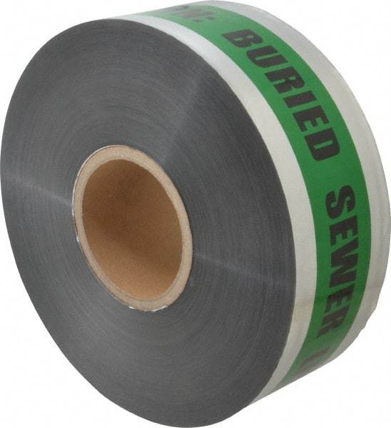 Presco - Caution: Buried Sewer Line Below, Detectable Underground Tape - 1,000 Ft. Long x 3 Inch Wide Roll, Polyethylene on Aluminum, 5 mil Thick, Green and Black - Caliber Tooling