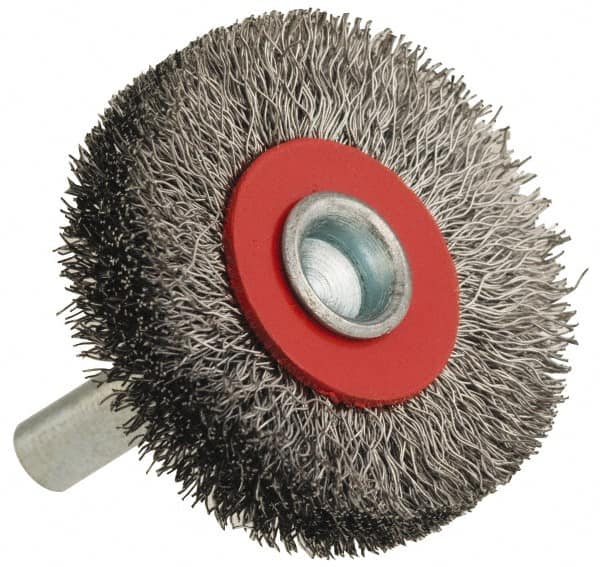 Value Collection - 2-3/8" OD, 1/4" Shank Diam, Crimped Steel Wheel Brush - 1/2" Face Width, 1/2" Trim Length, 0.008" Filament Diam, 15,000 RPM - Caliber Tooling