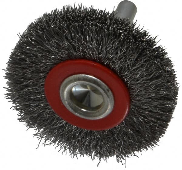 Value Collection - 2" OD, 1/4" Shank Diam, Crimped Steel Wheel Brush - 3/8" Face Width, 3/8" Trim Length, 0.008" Filament Diam, 15,000 RPM - Caliber Tooling