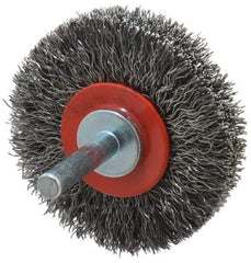 Value Collection - 2-3/8" OD, 1/4" Shank Diam, Crimped Steel Wheel Brush - 1/2" Face Width, 9/16" Trim Length, 0.015" Filament Diam, 15,000 RPM - Caliber Tooling