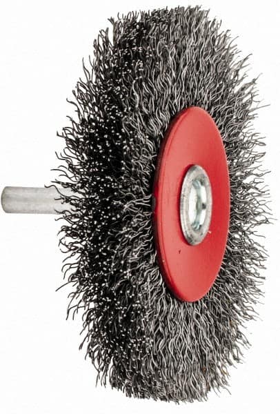 Value Collection - 3-1/16" OD, 1/4" Shank Diam, Crimped Steel Wheel Brush - 1/2" Face Width, 3/4" Trim Length, 0.015" Filament Diam, 12,000 RPM - Caliber Tooling