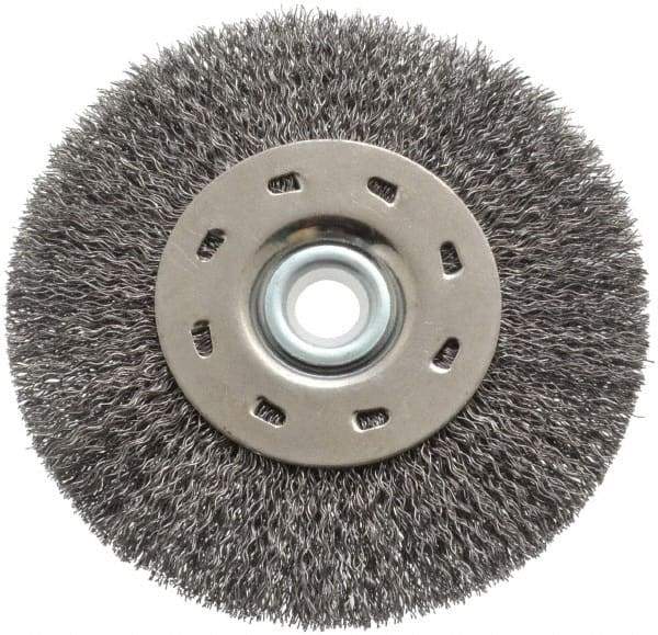 Value Collection - 5" OD, 1/2" Arbor Hole, Crimped Steel Wheel Brush - 1/2" Face Width, 1-15/64" Trim Length, 0.012" Filament Diam, 5,000 RPM - Caliber Tooling