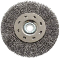 Value Collection - 5" OD, 1/2" Arbor Hole, Crimped Steel Wheel Brush - 1/2" Face Width, 1-15/64" Trim Length, 0.012" Filament Diam, 5,000 RPM - Caliber Tooling