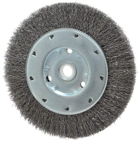 Value Collection - 6" OD, 1/2" Arbor Hole, Crimped Steel Wheel Brush - 1/2" Face Width, 1-15/64" Trim Length, 0.012" Filament Diam, 5,000 RPM - Caliber Tooling