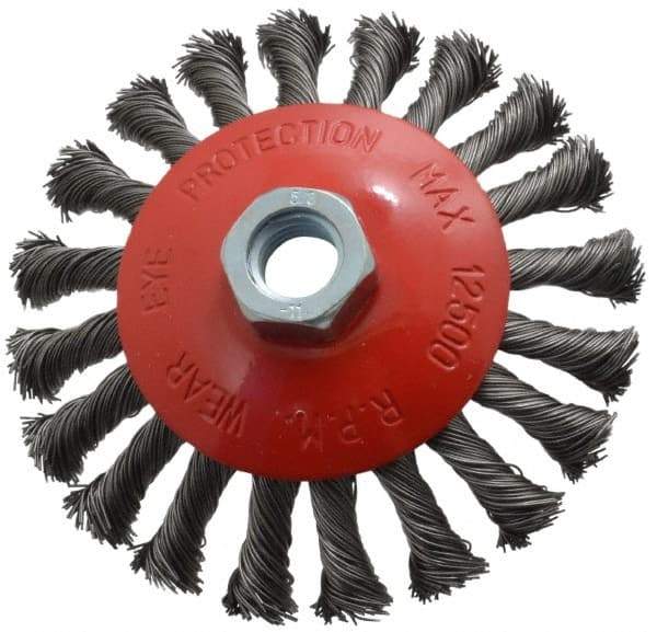 Value Collection - 4-9/16" OD, 5/8-11 Arbor Hole, Knotted Steel Wheel Brush - 9/16" Face Width, 7/8" Trim Length, 0.015" Filament Diam, 12,500 RPM - Caliber Tooling