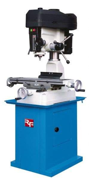 Rong Fu - 1 Phase, Step Pulley Mill Drill Machine - 28-3/4" Table Length x 8-1/4" Table Width, 18-1/8" Longitudinal Travel, 7-1/2" Cross Travel, 12 Spindle Speeds, 1.5 hp, 110/220 Volts - Caliber Tooling