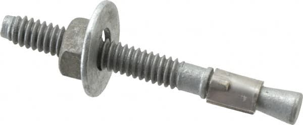 Made in USA - 1/4" Diam, 1/4" Drill, 2-1/4" OAL, 2-7/8" Min Embedment Wedge Expansion Concrete Anchor - Grade 5 Steel, Galvanized Finish, Hex Nut Head, Hex Drive, 1-3/8" Thread Length - Caliber Tooling