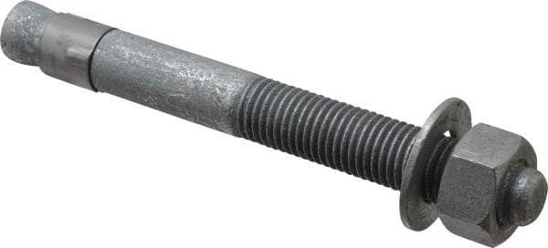 Made in USA - 7/8" Diam, 7/8" Drill, 8" OAL, 2-1/2" Min Embedment Wedge Expansion Concrete Anchor - Grade 5 Steel, Galvanized Finish, Hex Nut Head, Hex Drive, 4" Thread Length - Caliber Tooling