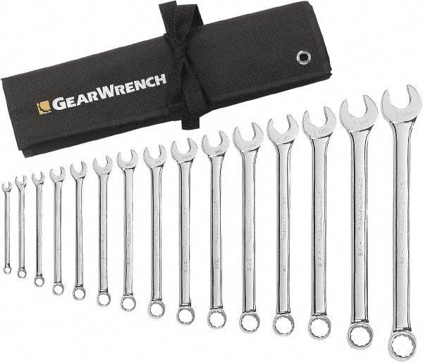 GearWrench - 15 Piece, 5/16" to 1-1/4", 12 Point Combination Wrench Set - Inch Measurement Standard, Chrome Finish, Comes in Roll - Caliber Tooling