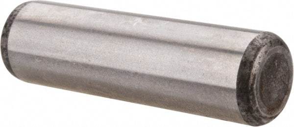 Made in USA - 7/16" Diam x 1-1/2" Pin Length Grade 8 Alloy Steel Standard Dowel Pin - Bright Finish, C 47-58 & C 60 (Surface) Hardness, 22,550 Lb (Single Shear), 45,100 Lb (Double Shear) Breaking Strength, 1 Beveled & 1 Rounded End - Caliber Tooling