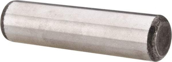 Made in USA - 5/8" Diam x 2-1/2" Pin Length Grade 8 Alloy Steel Standard Dowel Pin - Bright Finish, C 47-58 & C 60 (Surface) Hardness, 46,000 Lb (Single Shear), 92,000 Lb (Double Shear) Breaking Strength, 1 Beveled & 1 Rounded End - Caliber Tooling