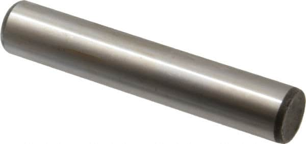 Made in USA - 5/8" Diam x 3-1/2" Pin Length Grade 8 Alloy Steel Standard Dowel Pin - Bright Finish, C 47-58 & C 60 (Surface) Hardness, 46,000 Lb (Single Shear), 92,000 Lb (Double Shear) Breaking Strength, 1 Beveled & 1 Rounded End - Caliber Tooling