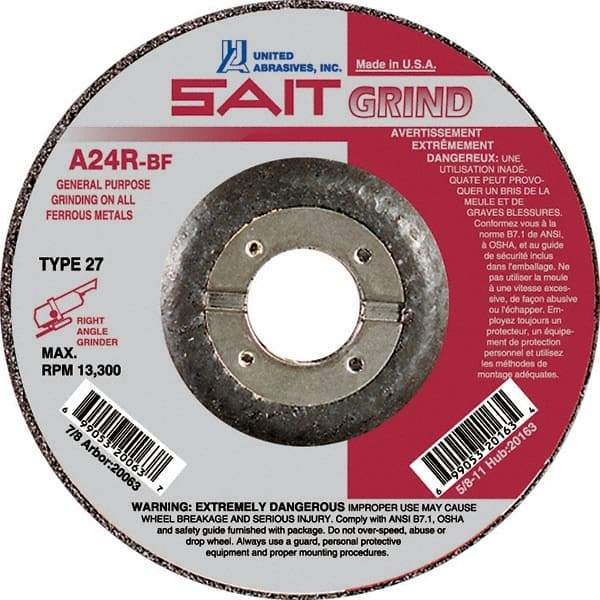 Sait - 24 Grit, 6" Wheel Diam, 1/4" Wheel Thickness, 7/8" Arbor Hole, Type 27 Depressed Center Wheel - Aluminum Oxide, Resinoid Bond, R Hardness, 10,200 Max RPM, Compatible with Angle Grinder - Caliber Tooling