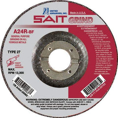 Sait - 24 Grit, 4" Wheel Diam, 1/4" Wheel Thickness, 5/8" Arbor Hole, Type 27 Depressed Center Wheel - Aluminum Oxide, Resinoid Bond, R Hardness, 13,500 Max RPM, Compatible with Angle Grinder - Caliber Tooling