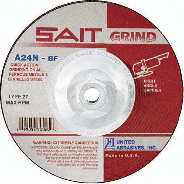 Sait - 24 Grit, 5" Wheel Diam, 1/4" Wheel Thickness, Type 27 Depressed Center Wheel - Aluminum Oxide, Resinoid Bond, N Hardness, 12,200 Max RPM, Compatible with Angle Grinder - Caliber Tooling