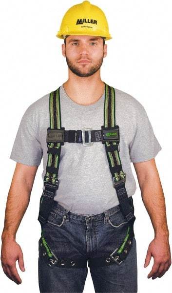 Miller - 400 Lb Capacity, Size Universal, Full Body Construction Safety Harness - Elastomer, Tongue Leg Strap, Mating Chest Strap, Green/Black - Caliber Tooling