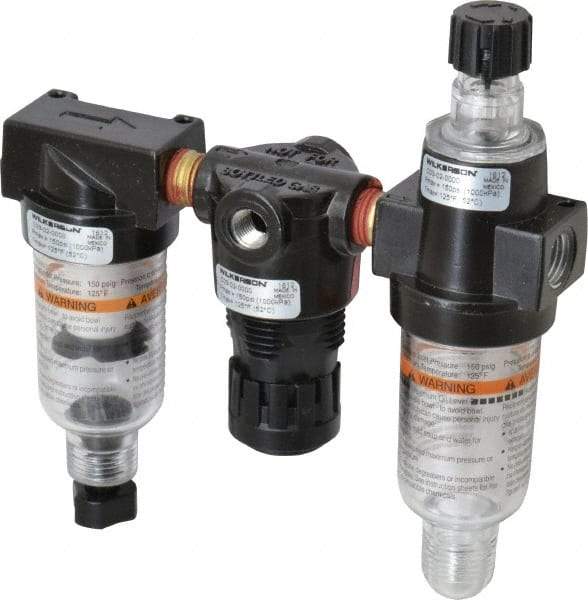 Wilkerson - 1/4" NPT Port Miniature 3 Piece Filter-Regulator-Lubricator FRL Unit - Polycarbonate Bowl, 20 SCFM, 150 Max psi, 5.98" High, Manual Drain - Caliber Tooling