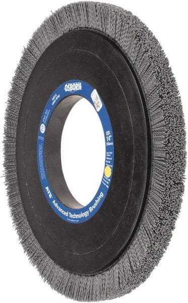 Osborn - 14" OD, 5-1/4" Arbor Hole, Crimped Nylon Wheel Brush - 1" Face Width, 1-1/4" Trim Length, 0.04" Filament Diam, 1,800 RPM - Caliber Tooling