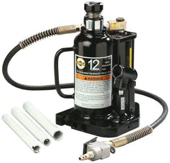 Omega Lift Equipment - 12 Ton Capacity Air-Actuated Bottle Jack - 9-1/2" to 18-1/2" High, 6" Piston Stroke, 3-1/2" Screw Length, 1-3/4" Screw Diam, 1-3/4" Plunger Diam, 6-1/2" Wide Base - Caliber Tooling