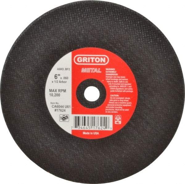 Made in USA - 6" 60 Grit Aluminum Oxide Cutoff Wheel - 0.06" Thick, 1/2" Arbor, 10,186 Max RPM, Use with Circular Saws - Caliber Tooling