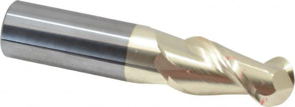 Accupro - 1" Diam, 2" LOC, 2 Flute Solid Carbide Ball End Mill - ZrN Finish, Single End, 5" OAL, 1" Shank Diam, Spiral Flute - Caliber Tooling