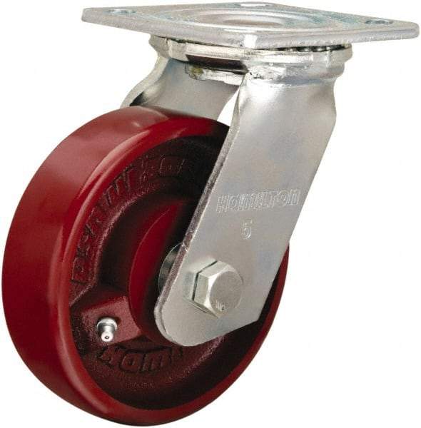 Hamilton - 5" Diam x 1-1/2" Wide x 6-1/8" OAH Top Plate Mount Swivel Caster - Cast Iron, 550 Lb Capacity, Straight Roller Bearing, 4 x 4-1/2" Plate - Caliber Tooling