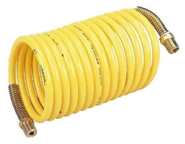 Coilhose Pneumatics - 3/8" ID, 3/8 Thread, 25' Long, Yellow Nylon Coiled & Self Storing Hose - 165 Max psi, Male Rigid x Male Swivel - Caliber Tooling