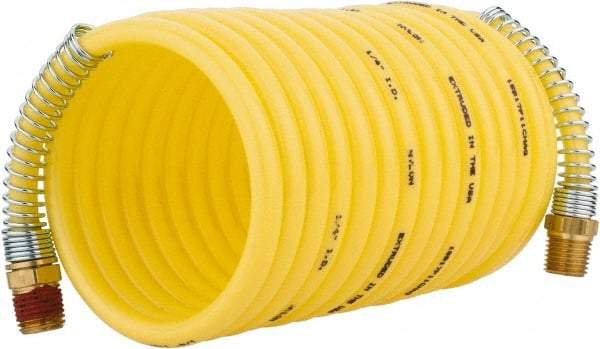 Coilhose Pneumatics - 1/4" ID, 1/4 Thread, 12' Long, Yellow Nylon Coiled & Self Storing Hose - 185 Max psi, Male Rigid x Male Swivel - Caliber Tooling