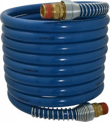 Coilhose Pneumatics - 3/8" ID, 3/8 Thread, 12' Long, Blue Nylon Coiled & Self Storing Hose - 230 Max psi, Male Swivel x Male Swivel - Caliber Tooling