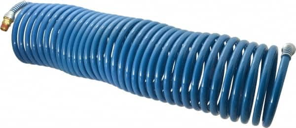 Coilhose Pneumatics - 3/8" ID, 3/8 Thread, 50' Long, Blue Nylon Coiled & Self Storing Hose - 230 Max psi, Male Swivel x Male Swivel - Caliber Tooling