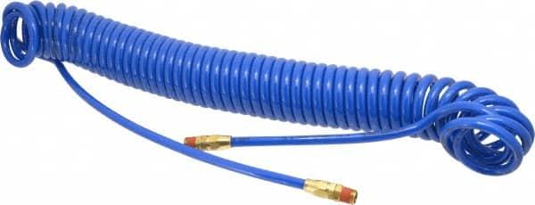 Coilhose Pneumatics - 1/4" ID, 1/4 Thread, 30' Long, Blue Polyurethane Coiled & Self Storing Hose - 125 Max psi, Male Swivel x Male Swivel - Caliber Tooling