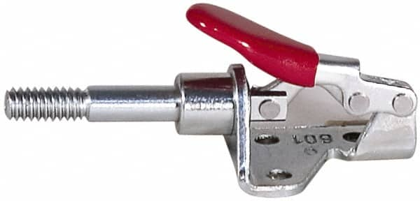 De-Sta-Co - 300 Lb Load Capacity, Flanged Base, Carbon Steel, Standard Straight Line Action Clamp - 4 Mounting Holes, 0.22" Mounting Hole Diam, 0.44" Plunger Diam, Straight Handle - Caliber Tooling