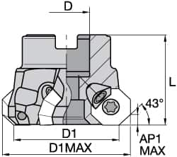 Kennametal - 2" Cut Diam, 3/4" Arbor Hole, 3.5mm Max Depth of Cut, 43° Indexable Chamfer & Angle Face Mill - 6 Inserts, OF.T 06L5... Insert, Right Hand Cut, 6 Flutes, Series KSOM Mini - Caliber Tooling