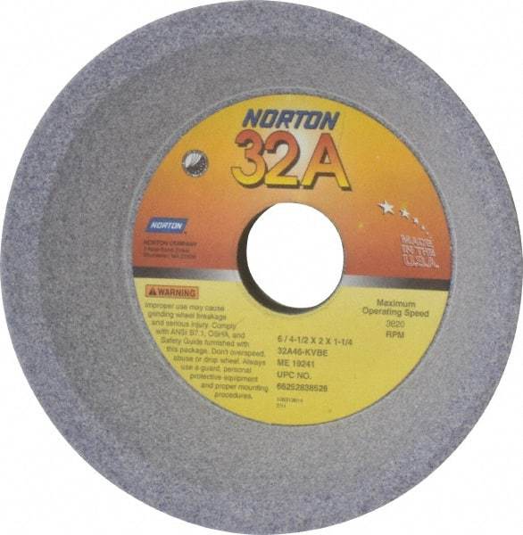 Norton - 6" Diam, 1-1/4" Hole Size, 2" Overall Thickness, 46 Grit, Type 11 Tool & Cutter Grinding Wheel - Coarse Grade, Aluminum Oxide, K Hardness, Vitrified Bond, 3,820 RPM - Caliber Tooling