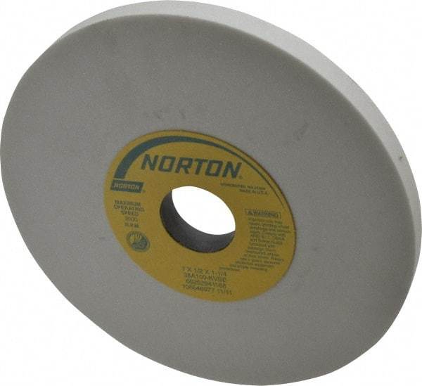 Norton - 7" Diam x 1-1/4" Hole x 1/2" Thick, K Hardness, 100 Grit Surface Grinding Wheel - Aluminum Oxide, Type 1, Fine Grade, 3,600 Max RPM, Vitrified Bond, No Recess - Caliber Tooling