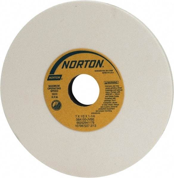 Norton - 7" Diam x 1-1/4" Hole x 1/2" Thick, J Hardness, 150 Grit Surface Grinding Wheel - Aluminum Oxide, Type 1, Very Fine Grade, 3,600 Max RPM, Vitrified Bond, No Recess - Caliber Tooling