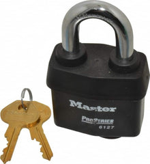 Master Lock - 1-3/8" Shackle Clearance, Keyed Alike Padlock - 7/8" Shackle Width, 7/16" Shackle Diam, Laminated Steel - Caliber Tooling