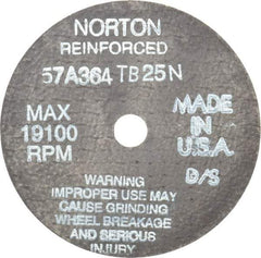 Norton - 4" 36 Grit Aluminum Oxide Cutoff Wheel - 1/16" Thick, 1/2" Arbor, 19,100 Max RPM, Use with Die Grinders - Caliber Tooling