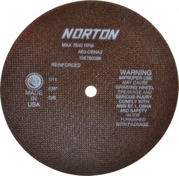 Norton - 8" 60 Grit Aluminum Oxide Cutoff Wheel - 0.035" Thick, 1/2" Arbor, 7,640 Max RPM, Use with Stationary Grinders - Caliber Tooling