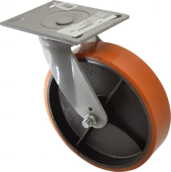 Fairbanks - 8" Diam x 2" Wide x 9-1/2" OAH Top Plate Mount Swivel Caster - Polyurethane, 1,200 Lb Capacity, Roller Bearing, 4-1/2 x 6-1/4" Plate - Caliber Tooling